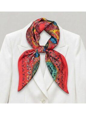Elegant Luxury Silky Square Scarf Satin Red Tree Leaf Print Bandana Shawl Floral